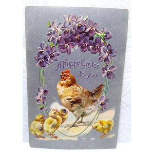 Tucks Easter Greetings Postcard Hen Baby Chicks Violets Series 112 TRIMMED Edge